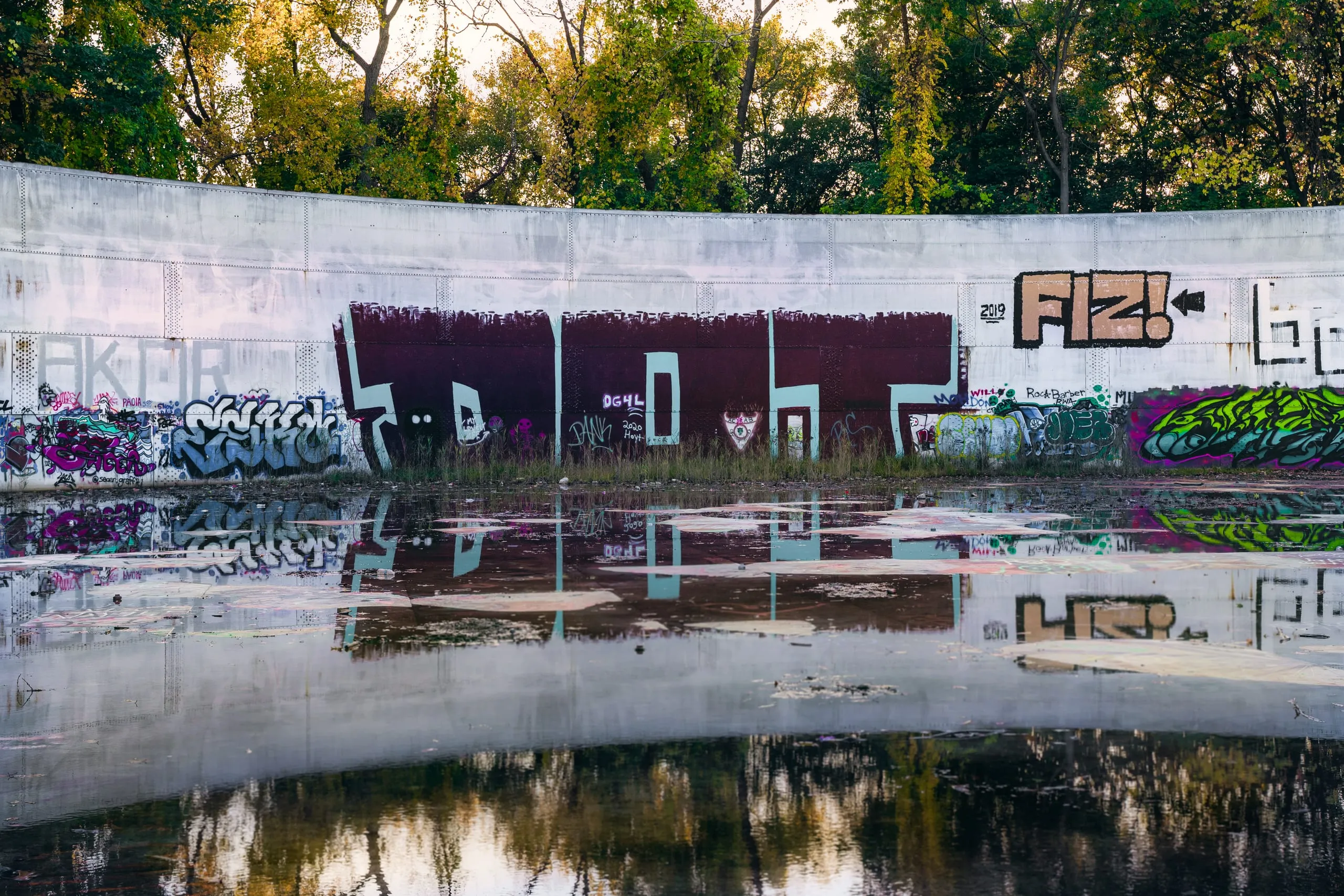 A curved graffiti-covered wall inside a drained tank reflects in still standing water beneath autumn trees in Rochester.