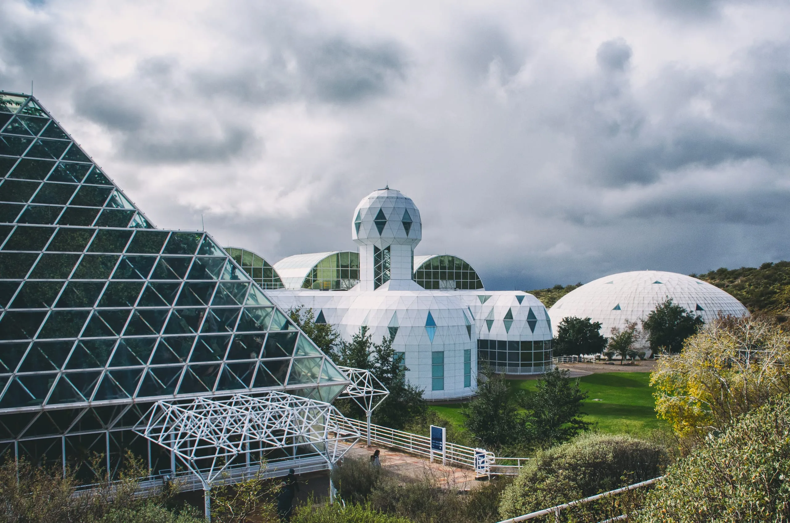Glass pyramid structures of Biosphere 2 in the Arizona desert at Oracle