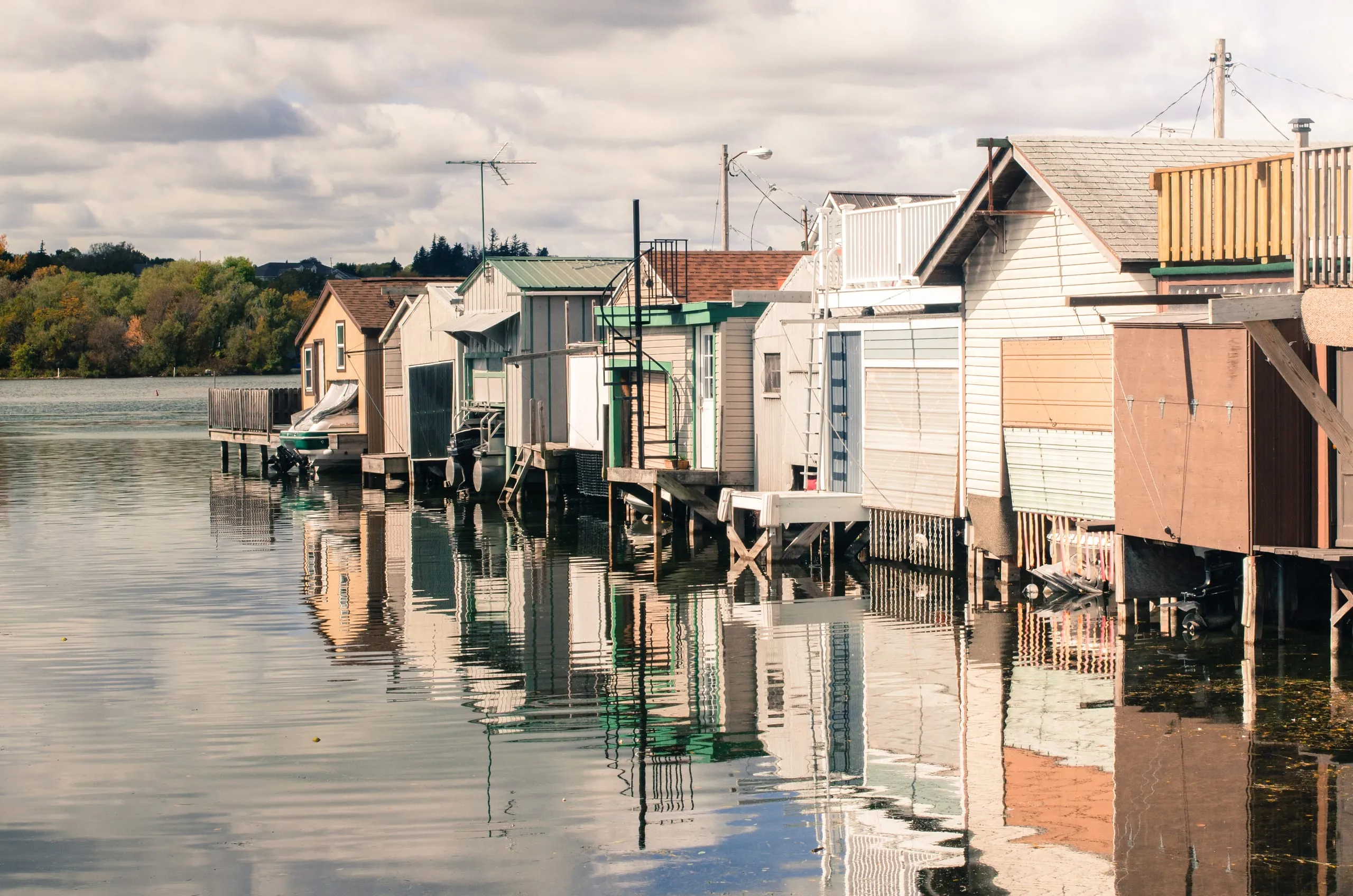 Historic wooden boathouse rows on Canandaigua Lake, New York