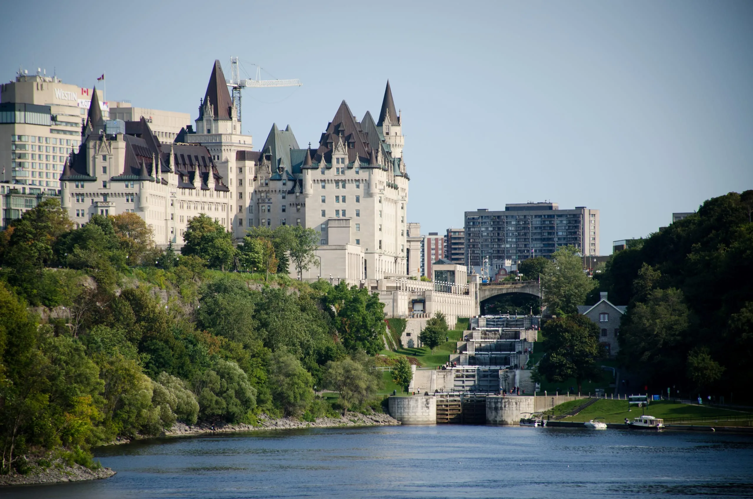 Château Laurier rising above the Rideau Canal locks in Ottawa