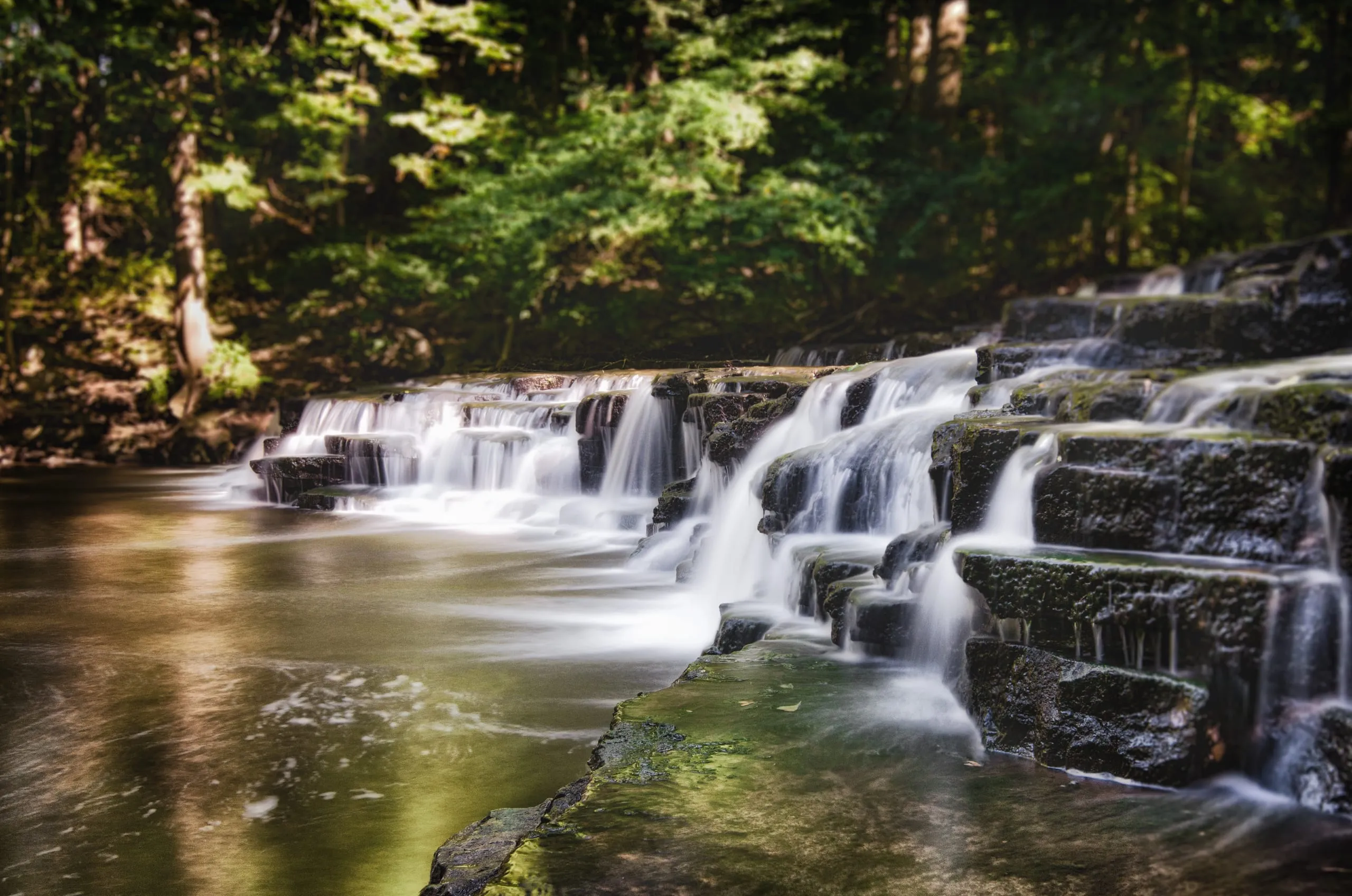 A long-exposure of water cascading over stepped stone ledges in a sunlit green forest near Rochester, New York.