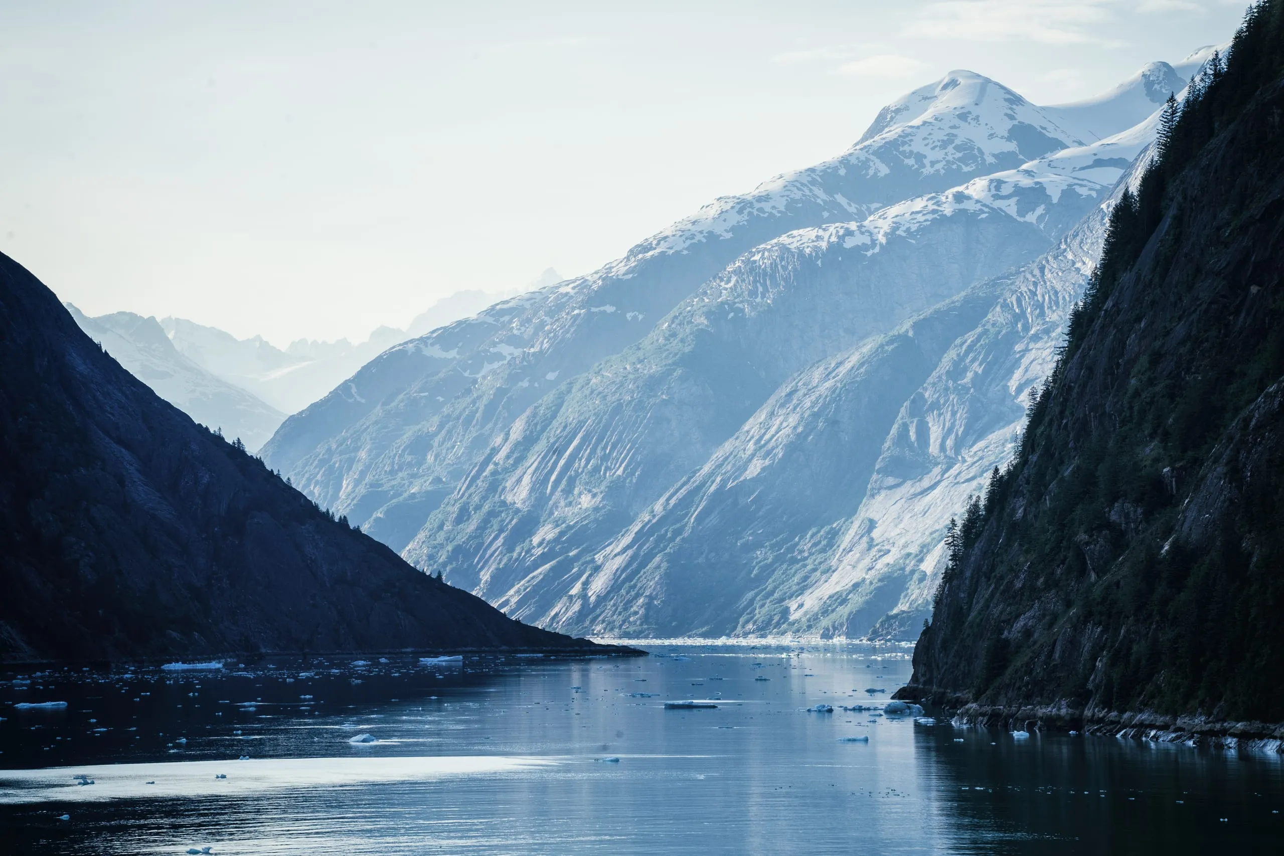 Hazy blue layered mountains recede down an ice-flecked fjord under soft misty light, cool tones throughout.