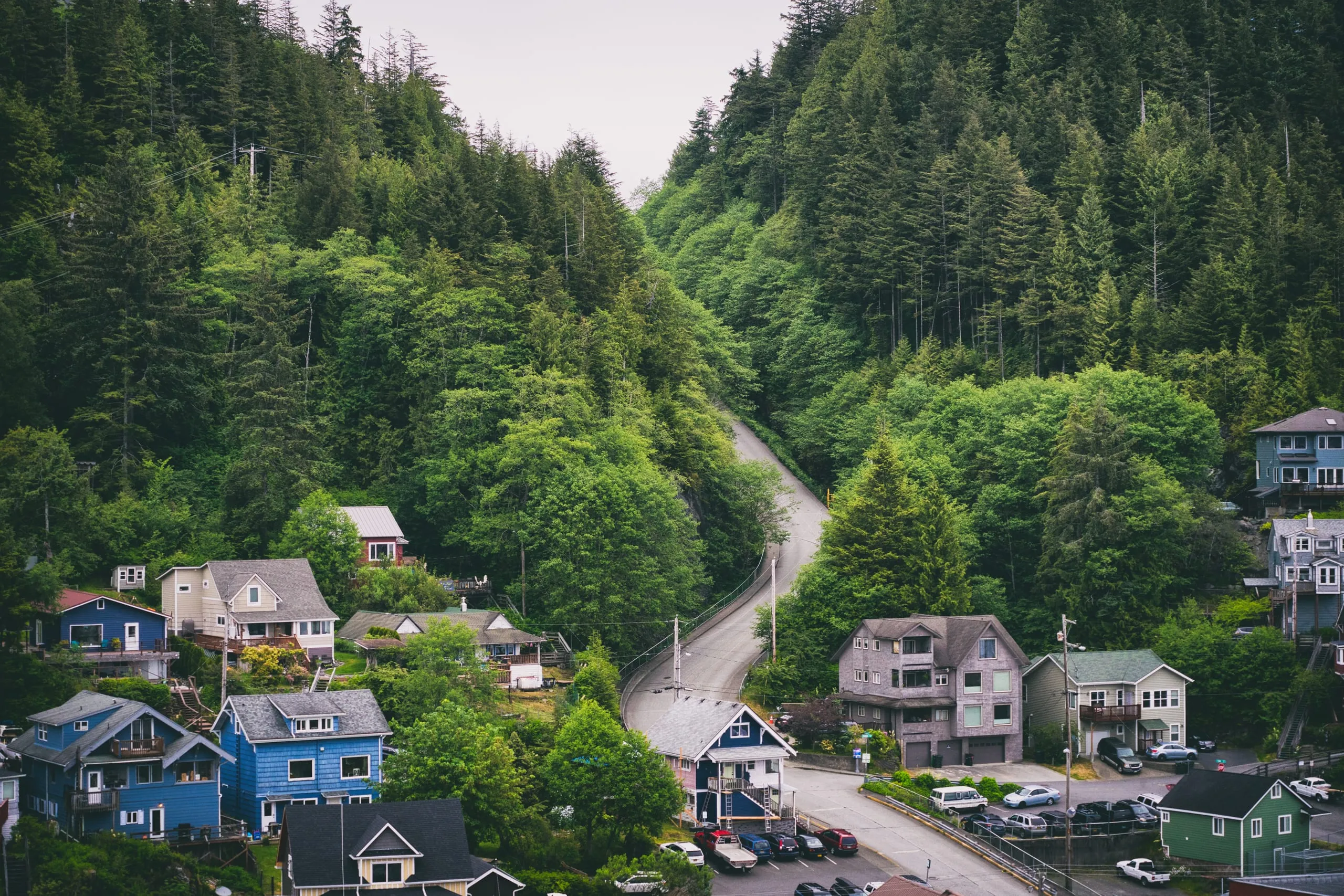 Colorful wood-frame houses cling to a steep evergreen hillside as a paved road winds up through the dense green forest.
