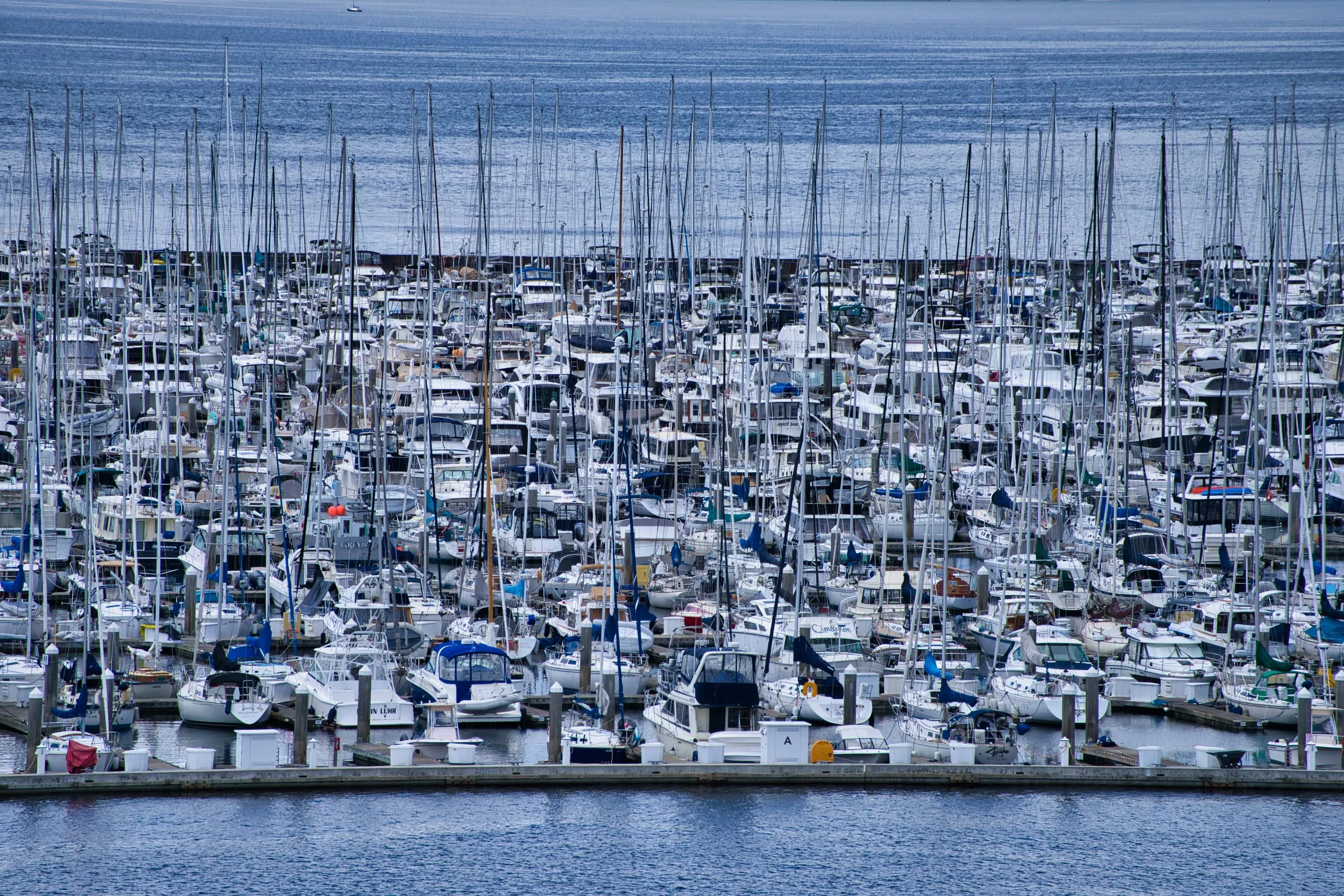 A tightly packed small-boat harbor crowded with sailboat masts and moored vessels on calm blue-grey water.