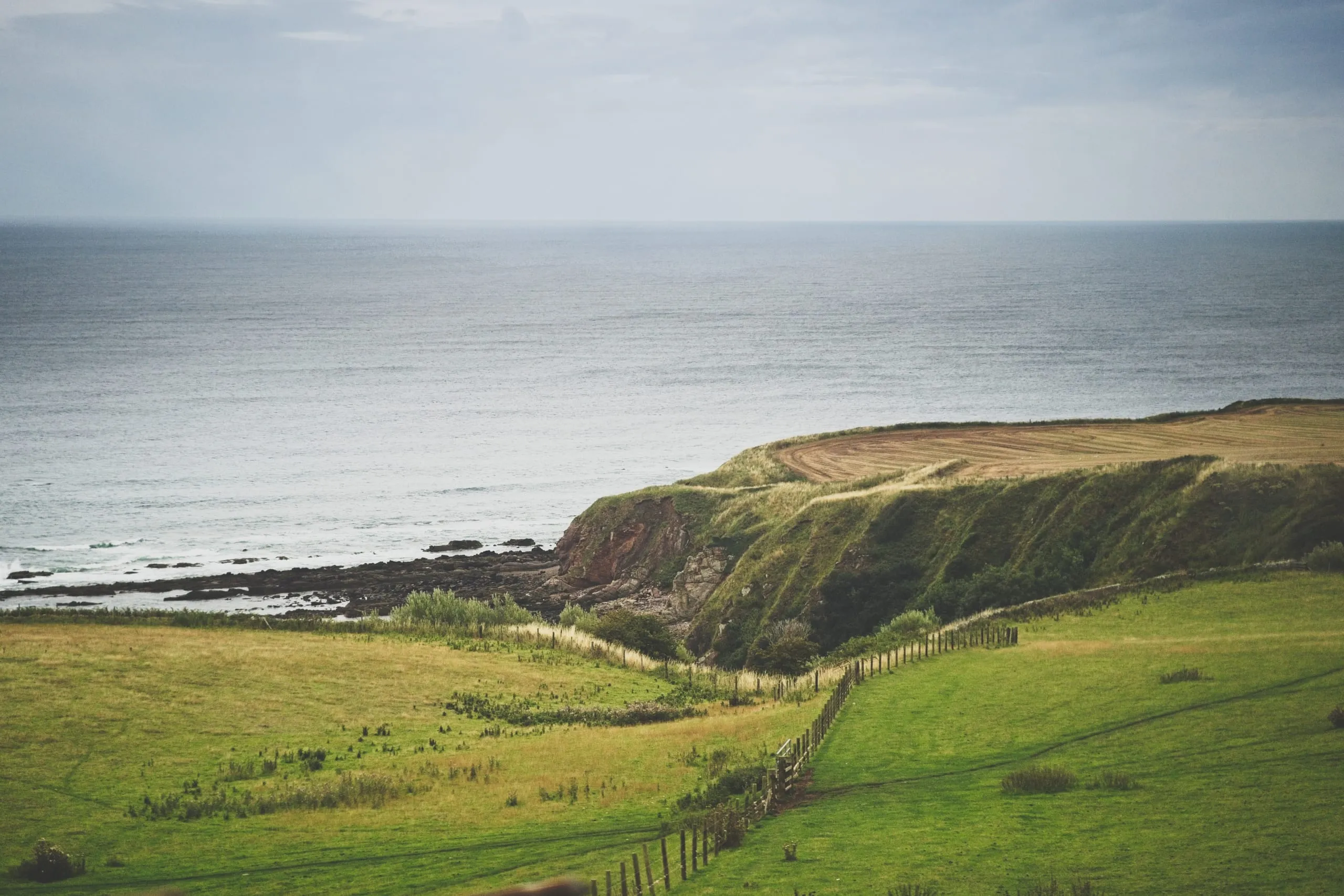 A color photograph of a rocky Scottish coastal headland with farmland on the clifftop and a fence line leading toward the sea.