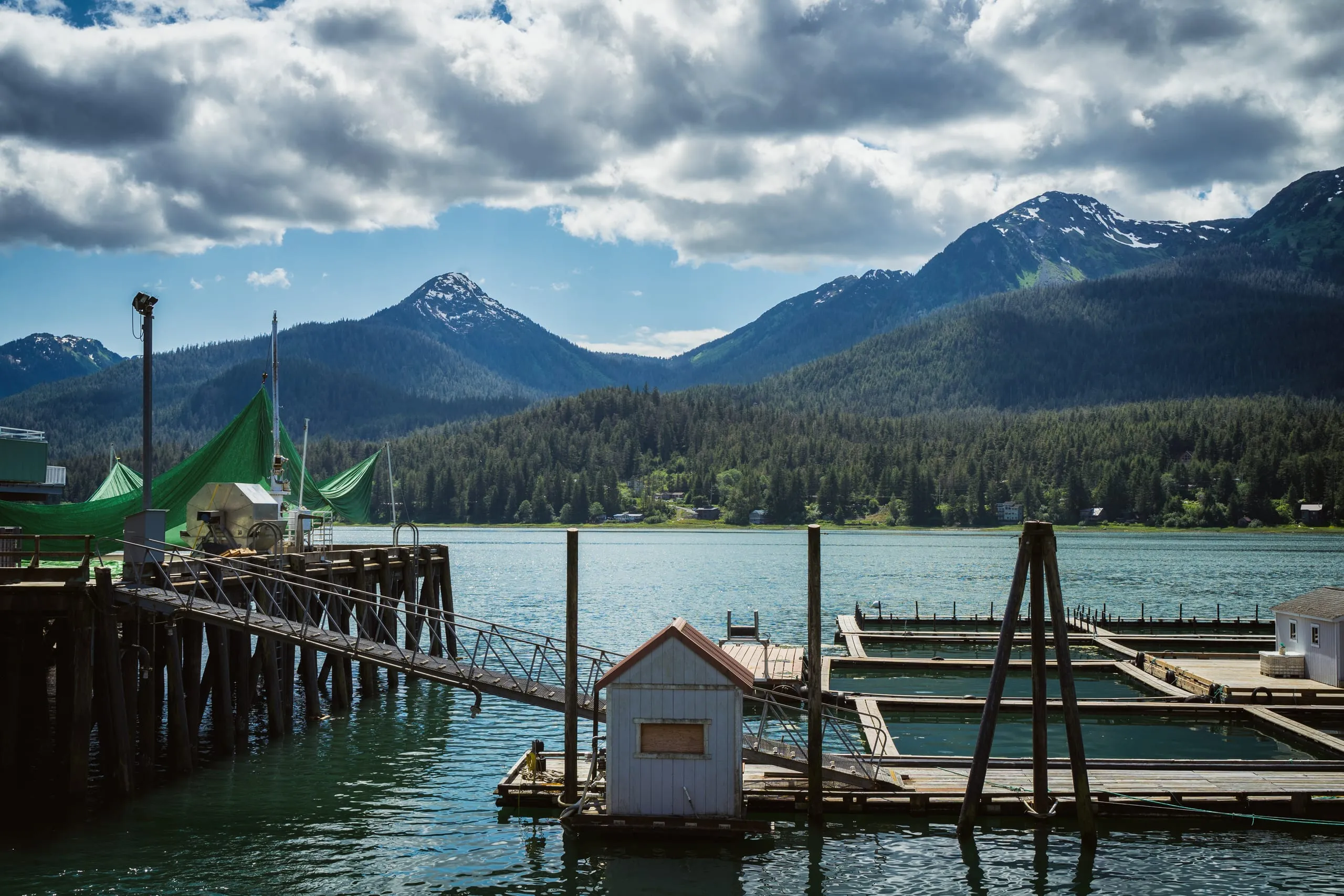 A weathered wooden pier draped with green fishing nets and floating pens beside calm water, backed by forested slopes and snow-streaked peaks.